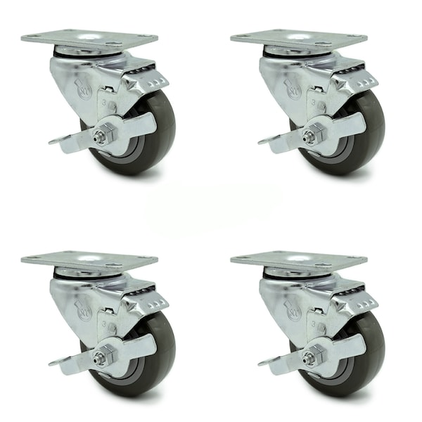 3.5 Inch Gray Polyurethane Wheel Swivel Top Plate Caster Set with Brake SCC